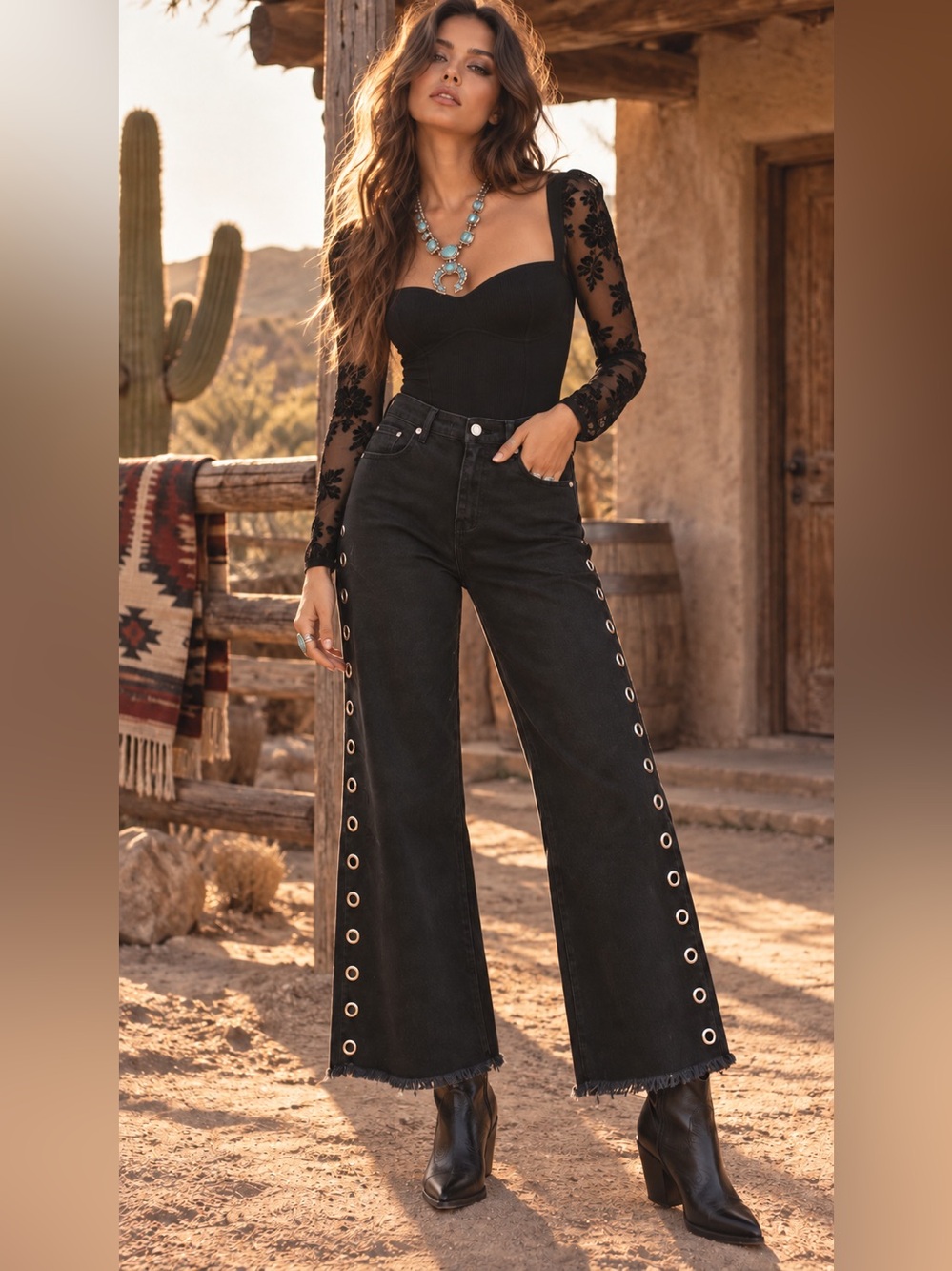 Jade by Jane High-Waist Black Wide-Leg Jeans with Grommet Side Trim